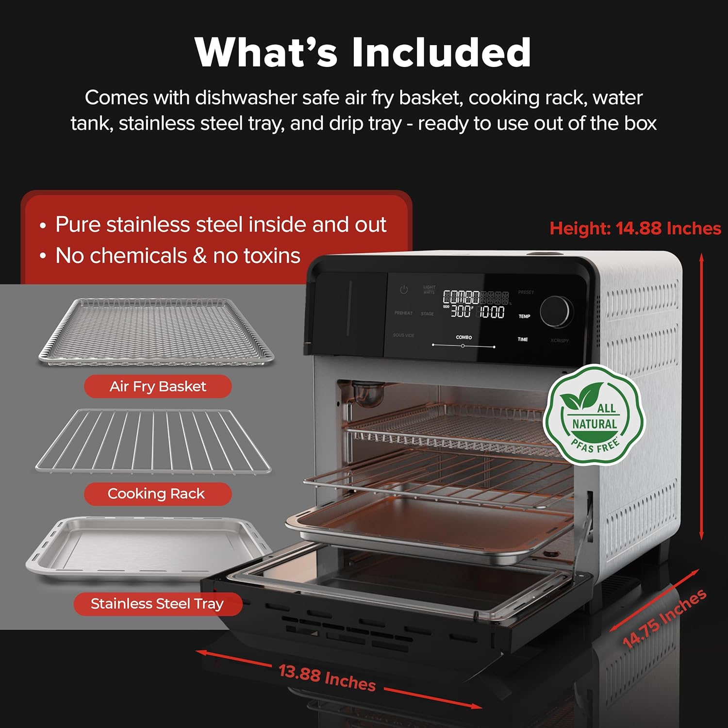 Nuwave PFAS-Free Steam Oven & Air Fryer, All-in-One Convection Cooker with Precision Steam Control, Toast, Air Fry, Sous Vide, Steam & More, Juicier Meats, 120 Presets, 50–450°F, Stainless Steel