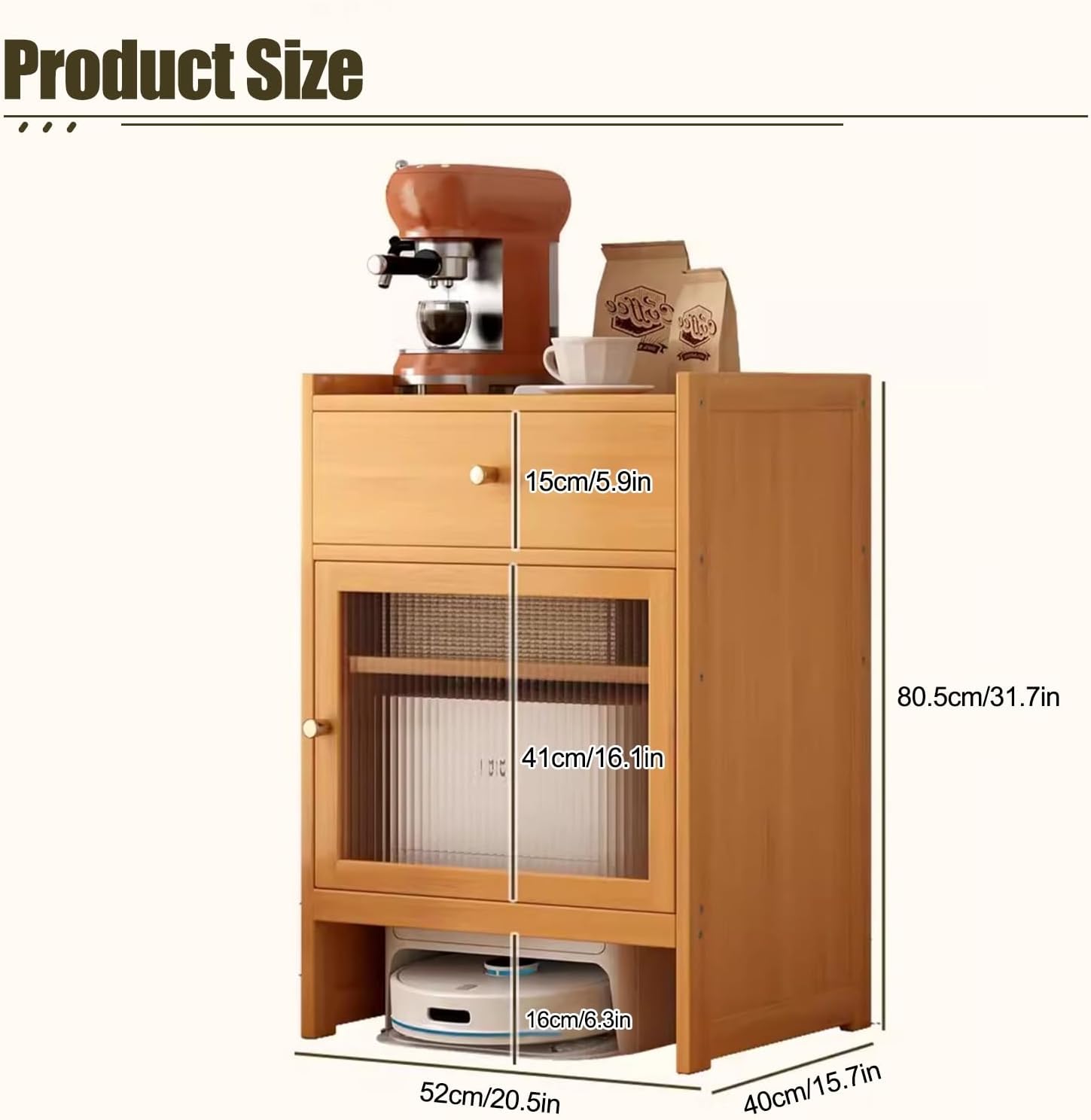 HARELA Bamboo Robot Vacuum Stand Cabinet, Storage Cabinet with Doors and Drawers for Robot Vacuum Cleaner, Hidden End Side Table for Living Room, Home Office(Yellow)