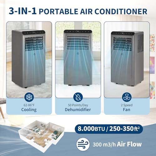 8000 BTU Portable Air Conditioner - 3-in-1 Cooling/Dehumidifier & Fan, Cools 350 Sq.Ft, 42dB Quiet AC with Remote & Window Kit for Bedroom, Office, Apartments, Grey+Black