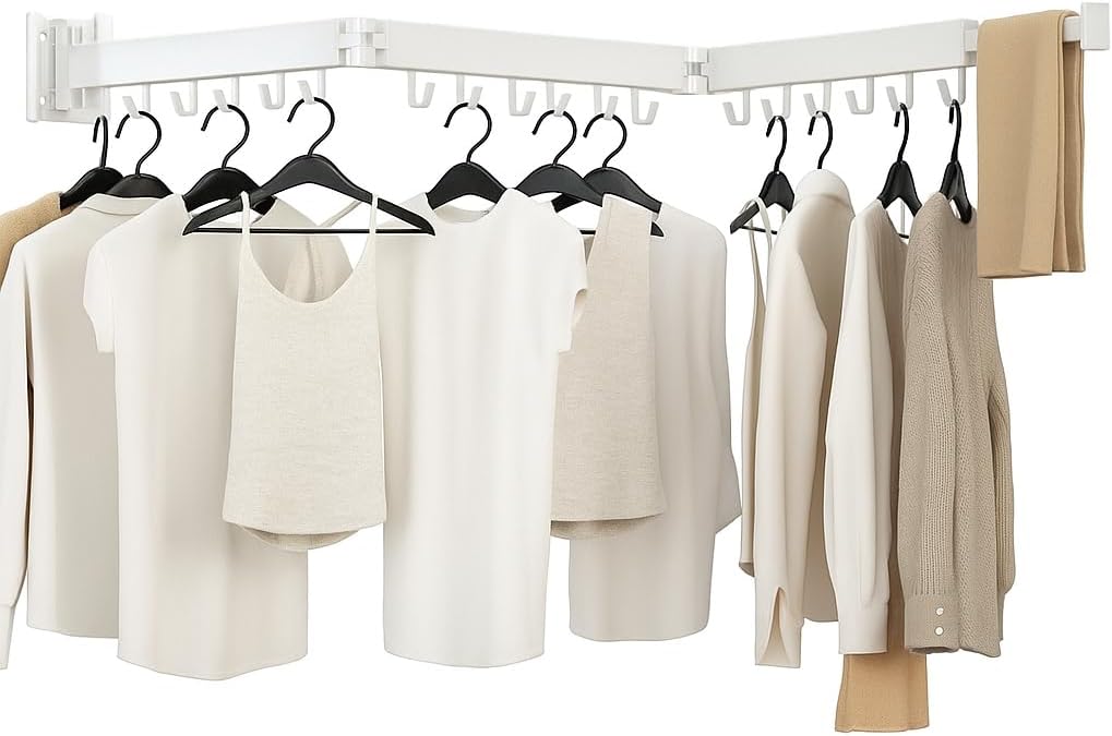 Clothes Drying Rack, Laundry Drying Rack Wall Mounted, [No-Drill & Drilling to Choose] 3-Fold Laundry Drying Racks for Hanging Clothes, Foldable & Sturdy Space Saver for Laundry Room -White