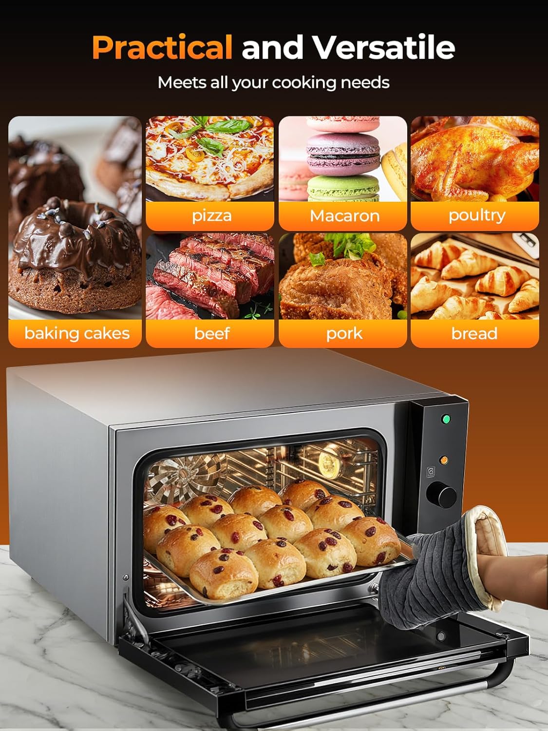 Commercial Convection Oven FOHERE, 50 Qt Large Capacity Electric Convection Oven with 2 Baking Trays for Restaurants, Cafes & Food Industry, 2400W High Power,120-Min Timer & 122-572℉ Temp Control