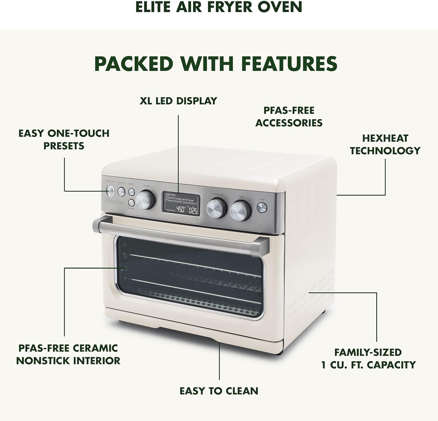 GreenPan 13-in-1 Elite Countertop Convection Oven & Air Fryer, PFAS-Free Ceramic Tray & Pizza Pan, Adjustable Racks, Multifunction Presets, Toaster, Bake, Broil, Roast, Proof, Dehydrate, Cloud Cream