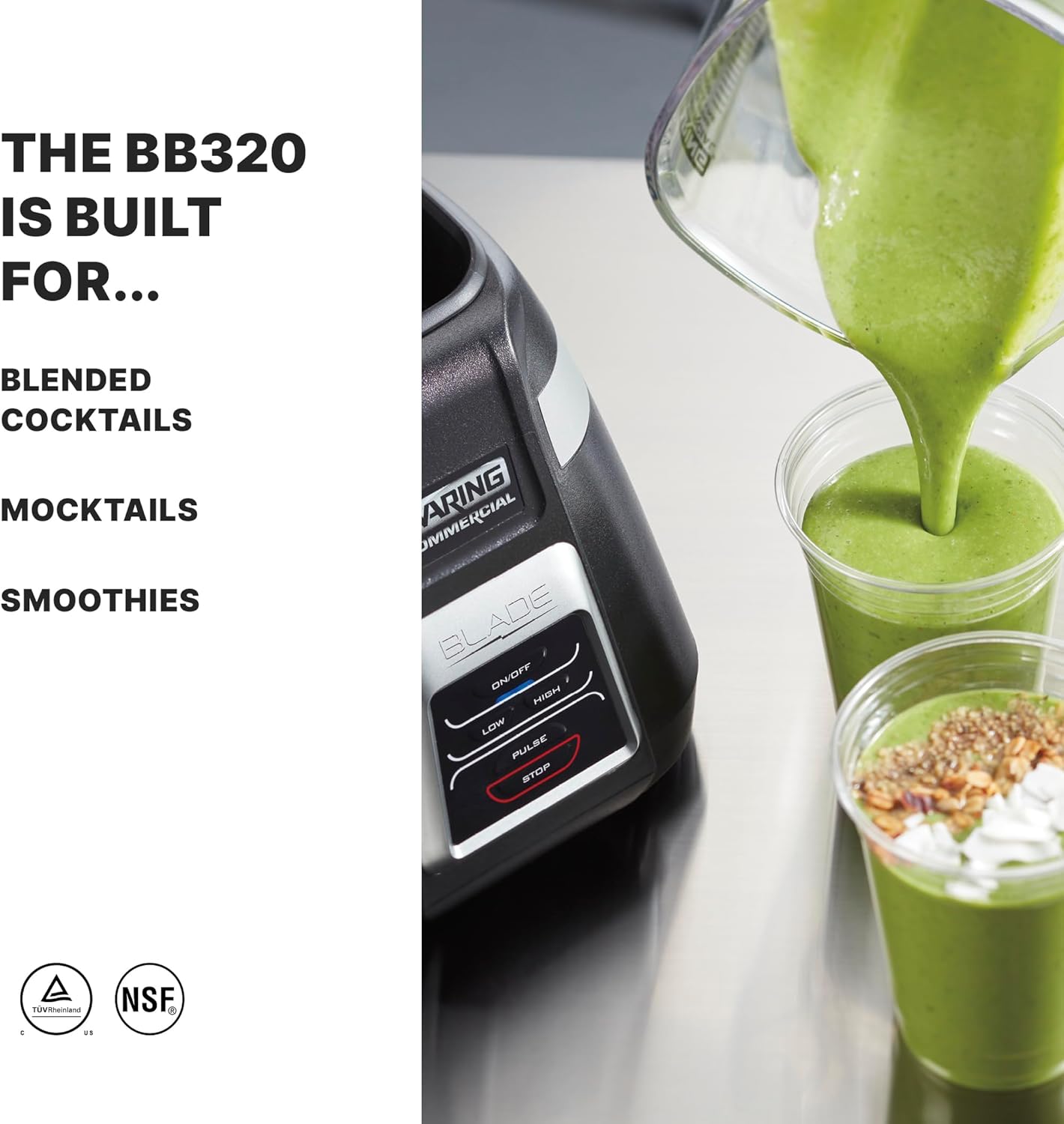 Waring Commercial BB320 Blade 1 HP Blender, Toggle Switch Controls with Pulse feature, 48 oz BPA Free Copolyester Stacking Container, 120V, 5-15 Phase Plug Black