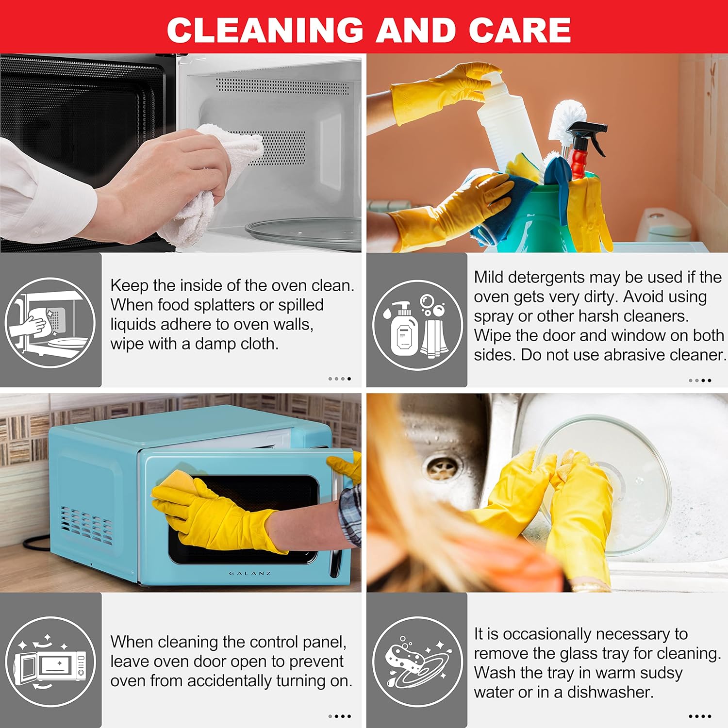 Galanz GLCMKZ09BER09 Retro Countertop Microwave Oven with Auto Cook & Reheat, Defrost, Quick Start Functions, Easy Clean with Glass Turntable, Pull Handle, 0.9 cu ft, Blue