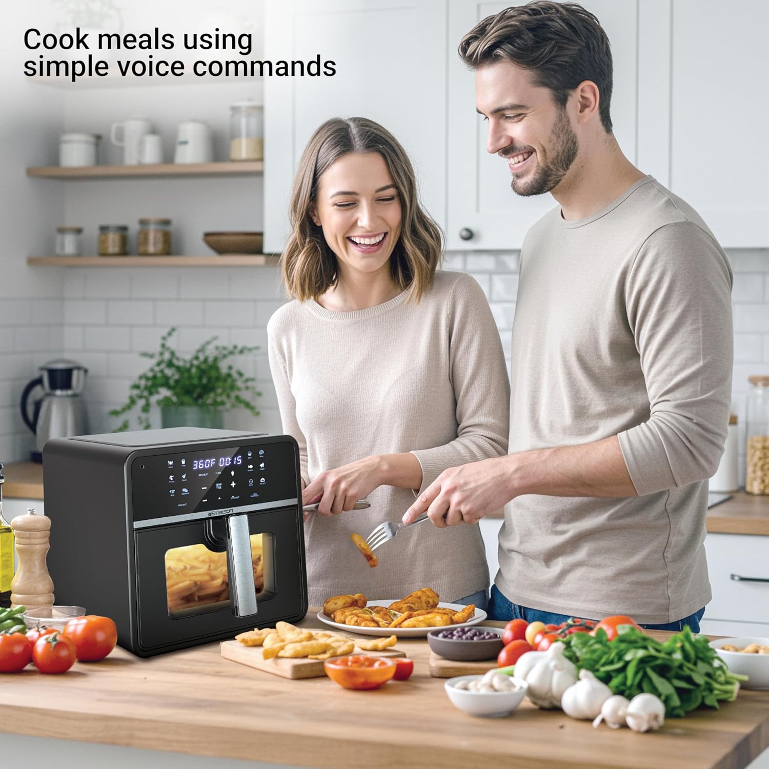 Emerson SmartVoice 10QT 6-in-1 Air Fryer, 1000+ Voice Control Commands, 100+ Recognized Food, No APP, No WIFI, No Setup, Nonstick Basket, Air Fry, Bake, Reheat, Dehydrate, 1700W