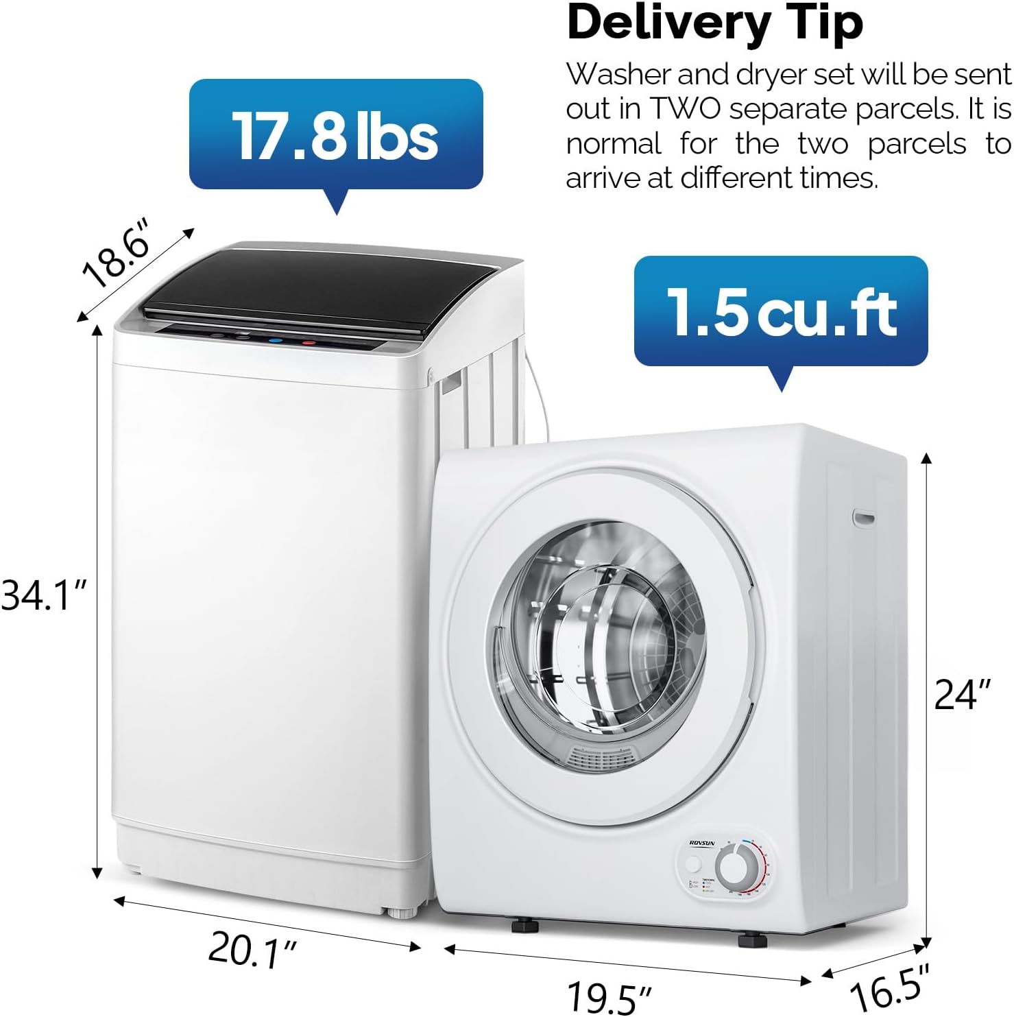 ROVSUN 17.8LBS Full Automatic Washing Machine and 1.5CuFt Portable Clothes Dryer Set, Compact Laundry Washer and Dryer Combo Set with Stainless Steel Inner Tub, for Apartment, Dorms, Home