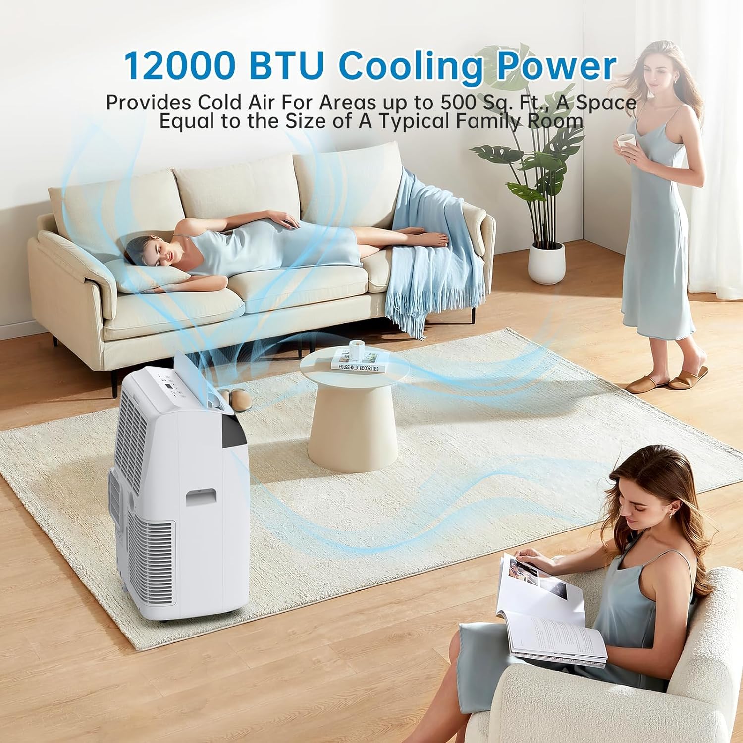 12,000 BTU Portable Air Conditioner Smart AC Unit for Rooms Up to 550 Sq Ft With Remote Control 24H Timer Dry and Fan Modes Quiet Cooling and Drain-Free Window Installation Kit