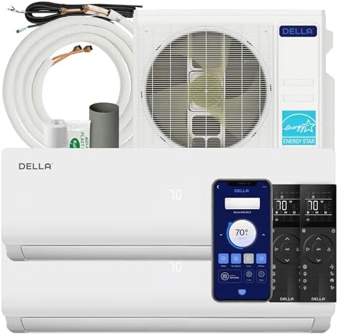 DELLA 28K BTU ODU 20 SEER2, 2 Zone 12000 12000 BTU Mini Split AC, Work with Alexa and Wifi, 208-230V, Cools Up to 1100 Sq.Ft, Energy Efficient Ductless Pre-Charged Heat Pump, 16ft Installation Kits