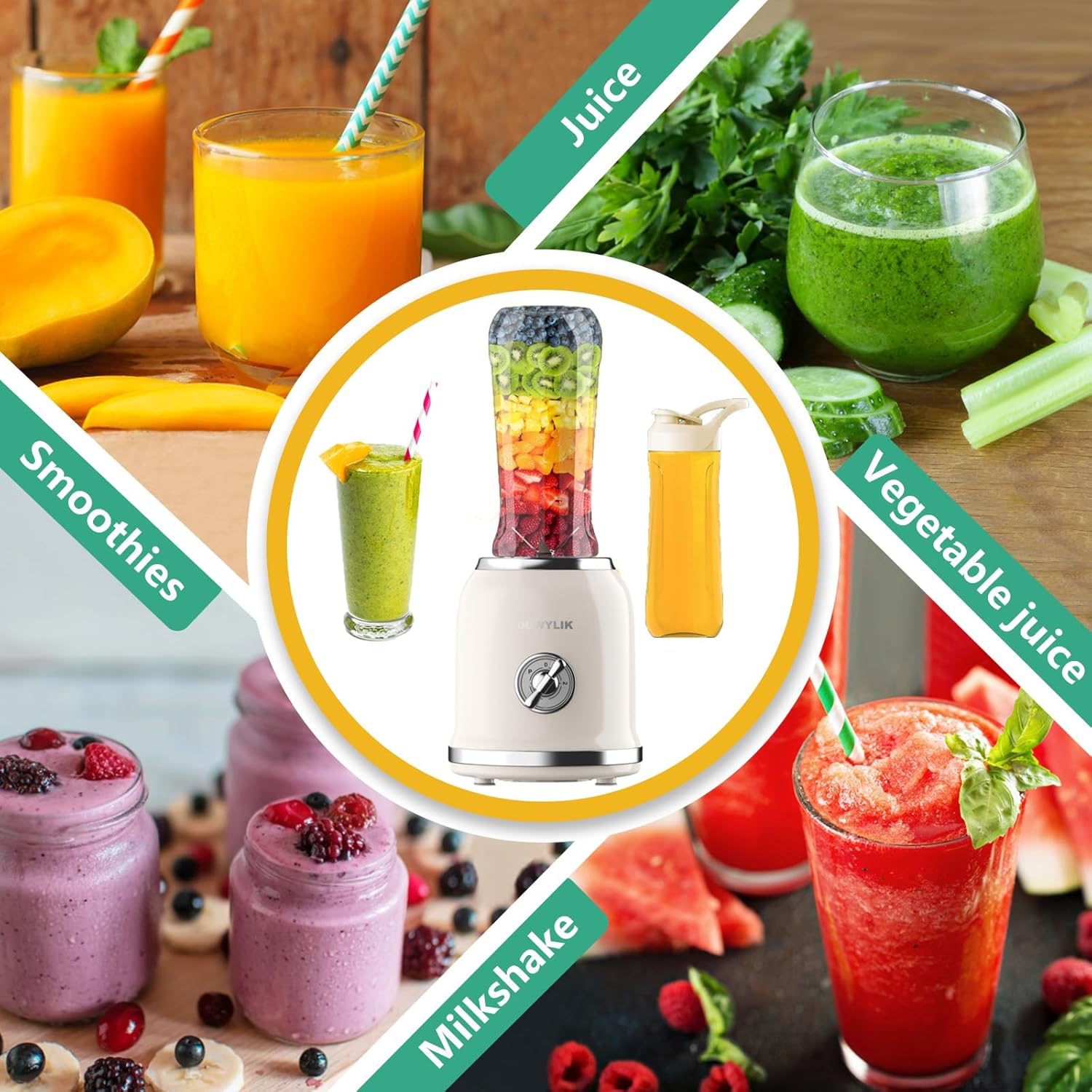 Personal Retro Protein Drink Blender, 3 Speed Small Blender for Smoothies, Maker with 6-Edge Blade and 2 * 20oz BPA Free Travel Cups