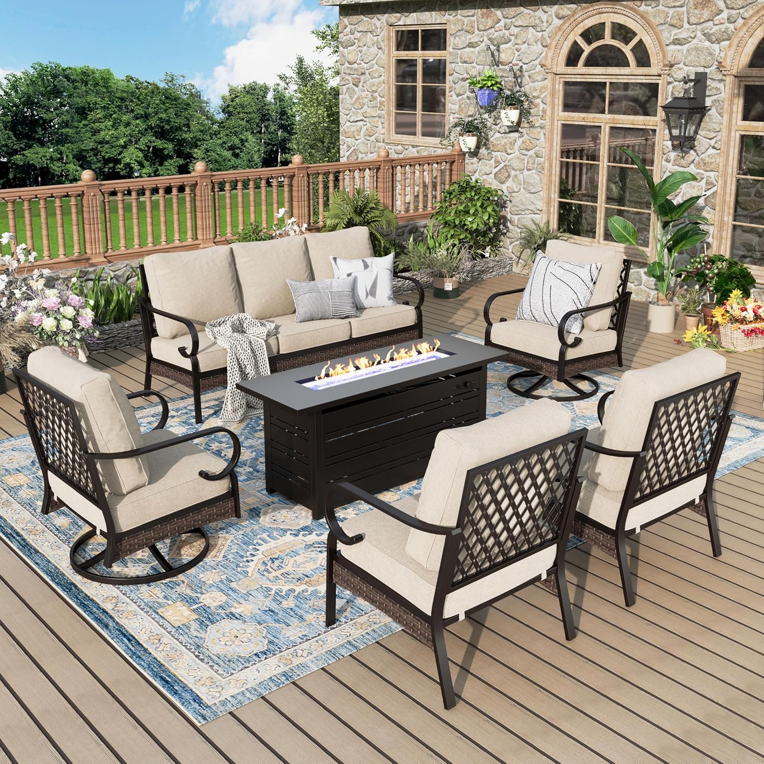Patio Furniture Set with 56'' Fire Pit Table, Black Metal Frame Outdoor Conversation Set with 2 x Fixed Chairs, 2 x Swivel Chairs, 1 x 3-Seat Sofa for Lawn Garden Backyard, Beige