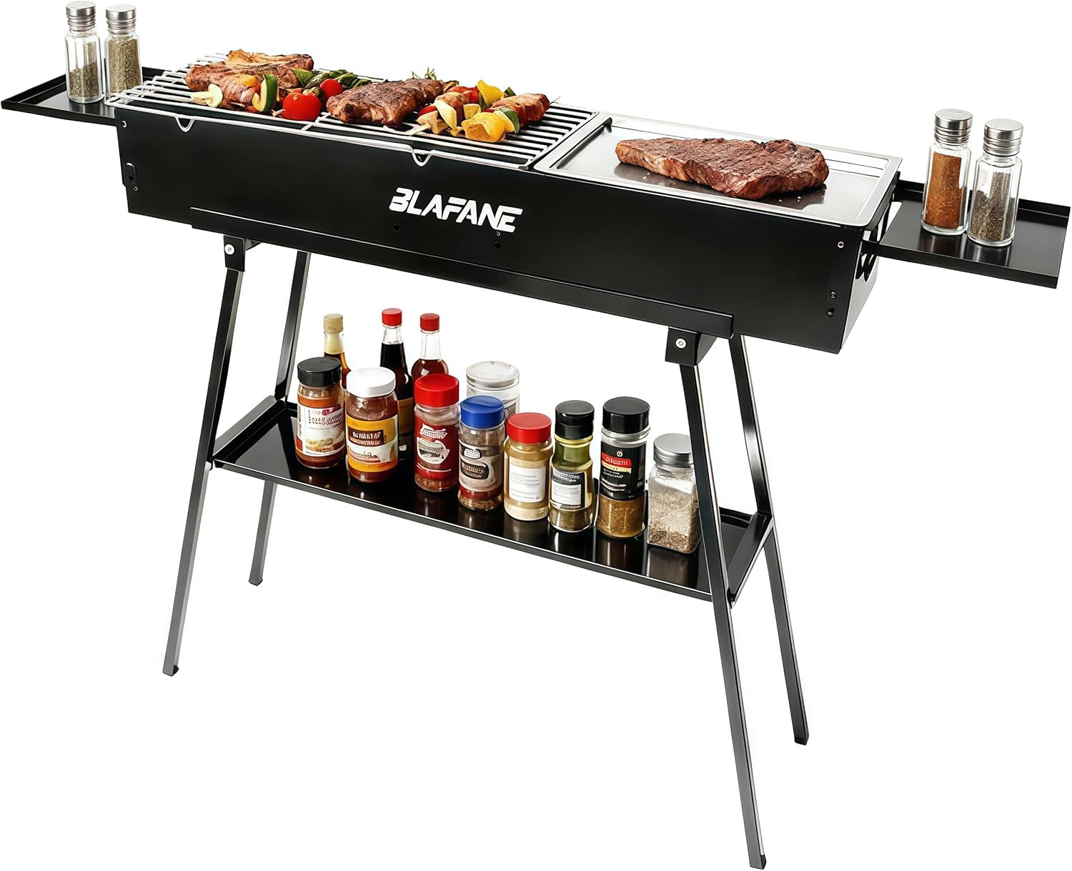 Portable Charcoal Grills, Foldable Dual-Zone Hibachi BBQ Grills with Sturdy Construction - Gift for Grilling Fans (Camping, Backyard, Picnic, Travel Outdoor Cooking) (31.6x7.1x5.1 inch), Black