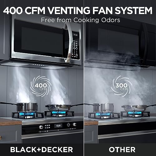 BLACK+DECKER EM044KB19 Over The Range Microwave Oven with One Touch, 1000 Watts, 400 CFM and Auto Cooking, OTR 1.9 Cu.ft