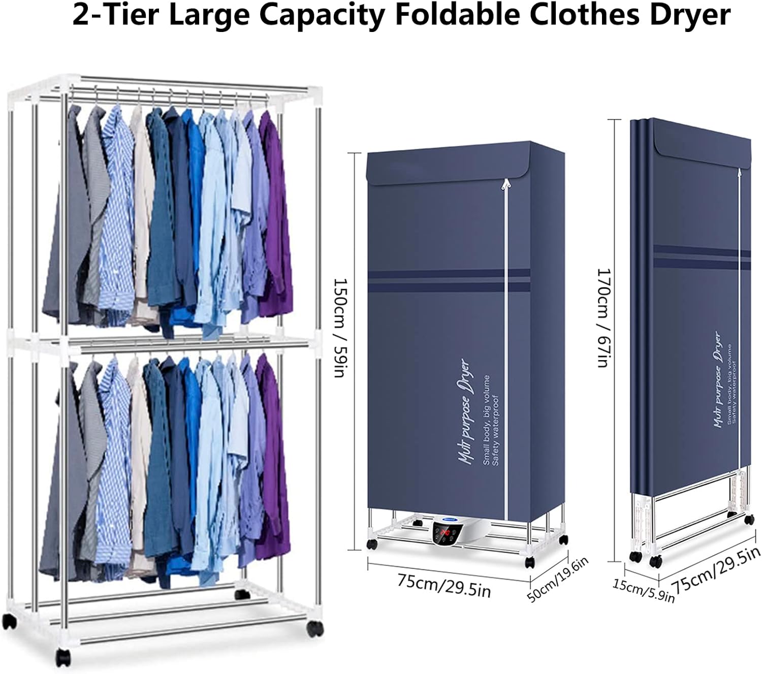 Electric Clothes Dryer with Remote Control and Timer, 1300W Large Capacity 2-Tier Heated Clothes Airer with Cover, Indoor Foldable Electric Clothes Airer Drying Rack, Overheat Protection,Grey