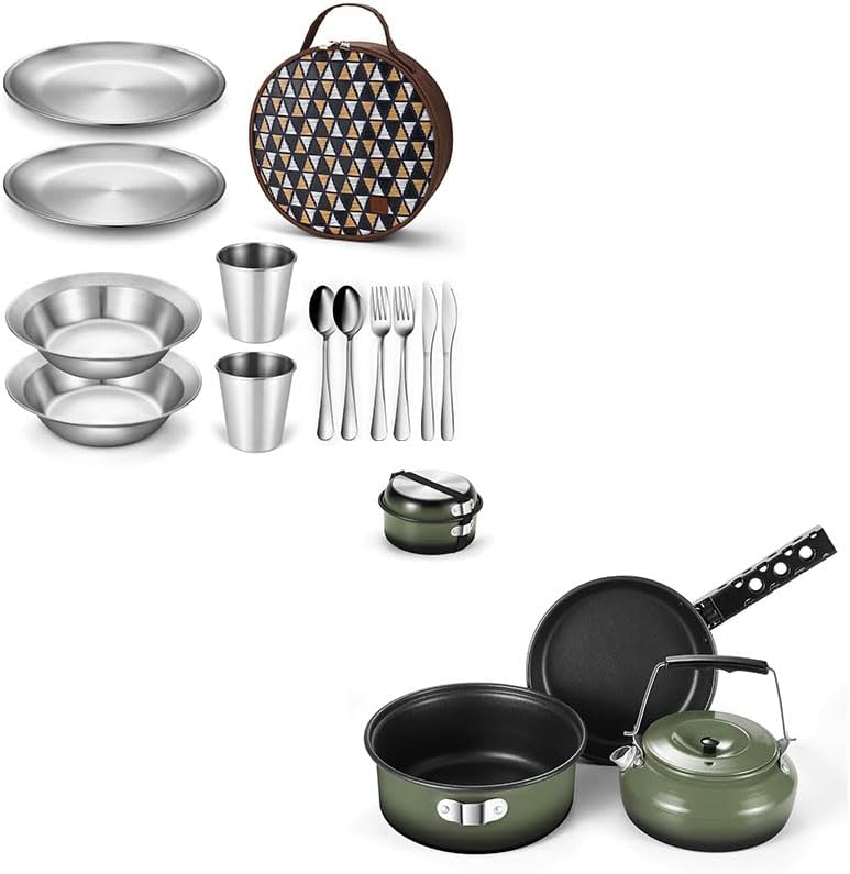 Odoland Bundle - 2 Items Camping Complete Messware Kit and 5pcs Camping Cookware