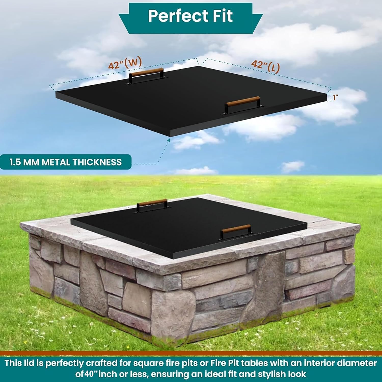 FEBTECH - Steel Fire Pit Lid - 42 x 42 Inch - Fire Pit Lid - Fire Pit Cover Square - Drop-in Burner Fire Pit Pan Lid - 1.5 mm Thickness for Outdoor FirePit…