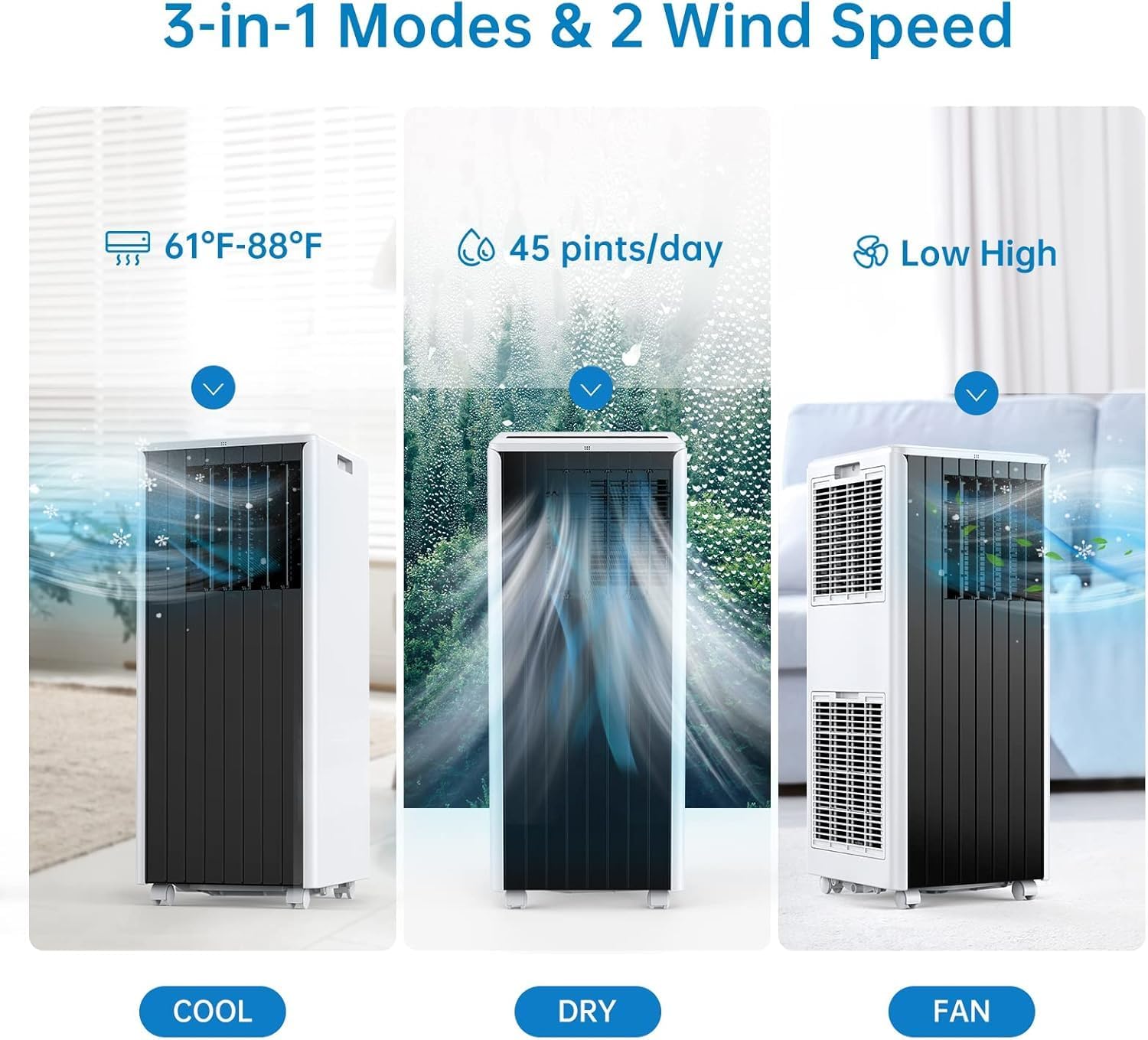 8000 BTUs Portable Air Conditioner 3-in-1 - AC/Dehumidifier/Fan for Rooms Up to 350 Sq.Ft, Window Kit & Remote, 24H Timer, for Garage, Bedroom, Office