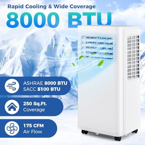 DORTALA Portable Air Conditioner 8000 BTU, 3 in 1 Quiet Floor Standing AC Unit with Fan & Dehumidifier, Sleep Mode, 24H Timer, Remote Control & Installation Kit for Room up to 250 Sq.Ft