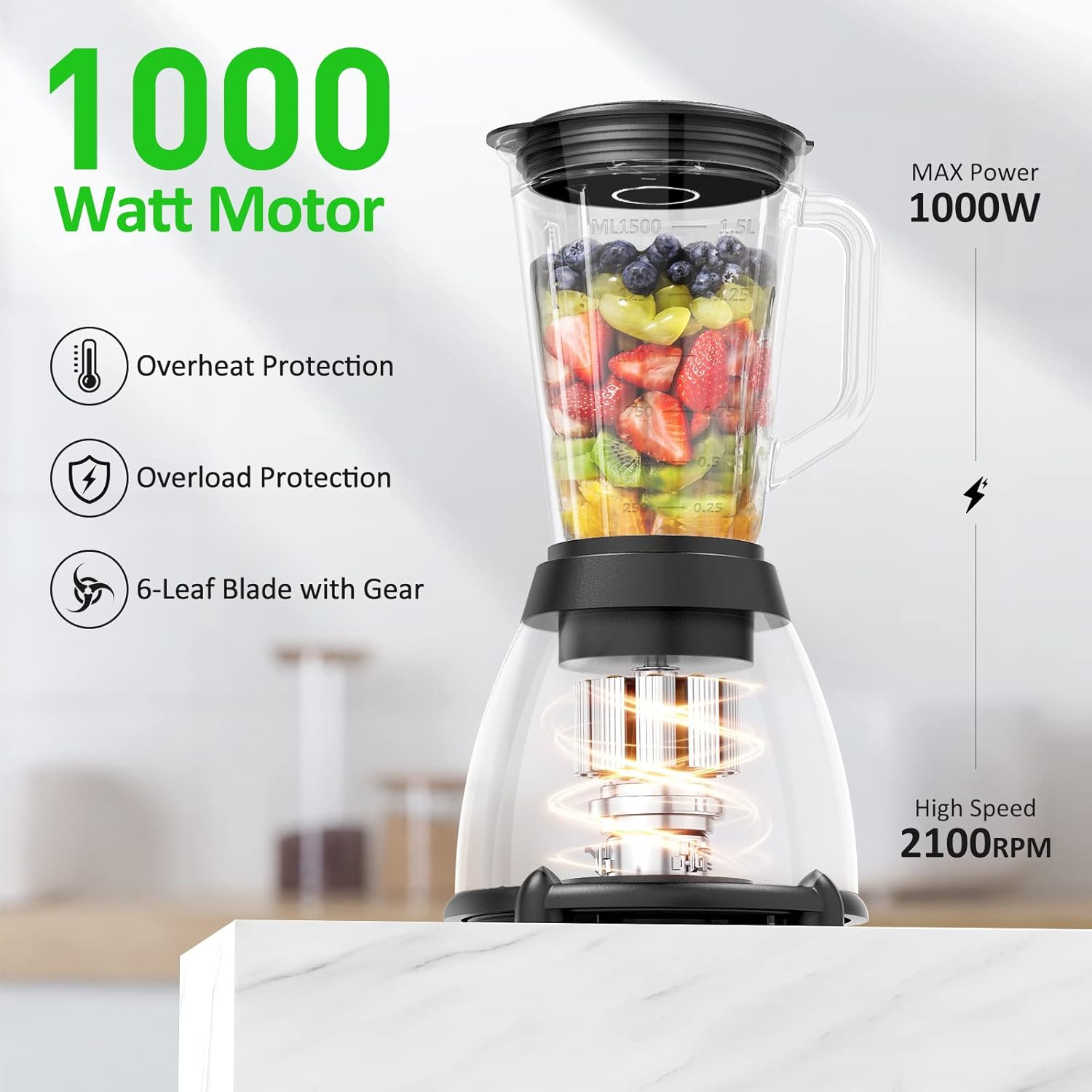 Smoothie Blender, 1000W Professional Countertop Blenders with 48oz Glass Jar for Kitchen, Shakes, Ice Crusher, Frozen Fruit