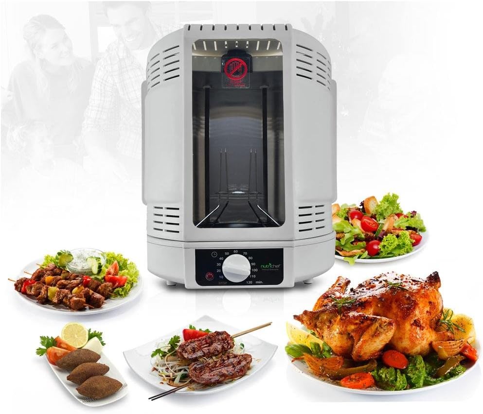 NutriChef Vertical Rotisserie Oven Roaster – Electric Shawarma & Kebab Machine with Skewers, Basket Tower, Poultry Rack, Drip Tray – For Chicken, Turkey, Lamb, Beef – (White)