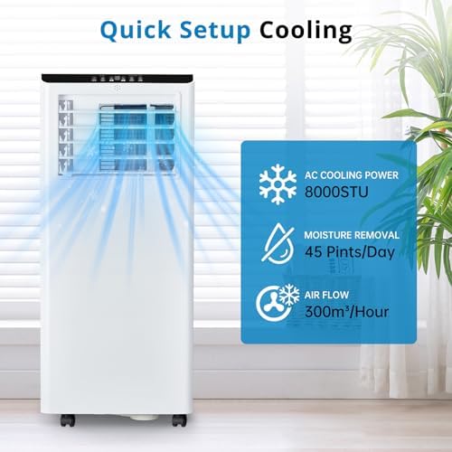 Coolness with Portable Air Conditioner - 8000 BTU Cooling Power, Quiet Operation, Dehumidifier, Sleep Mode, and Remote Control