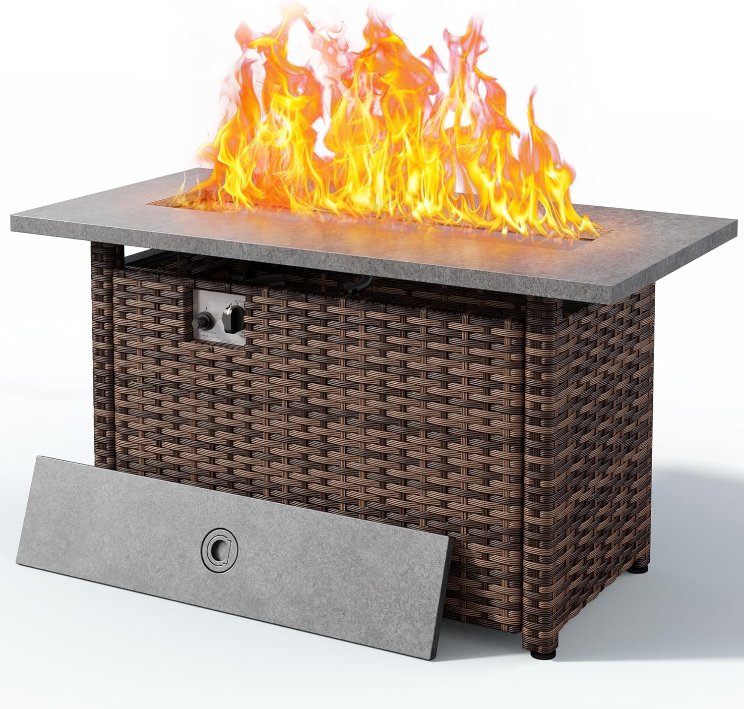 45'' Gas Fire Pit Table, Outdoor Gas Fire Pit with Hand-Woven PE Rattan, Glass Stones,Lid, 2 in 1 Fire Pit Table Gatherings Parties for Patio Deck Garden