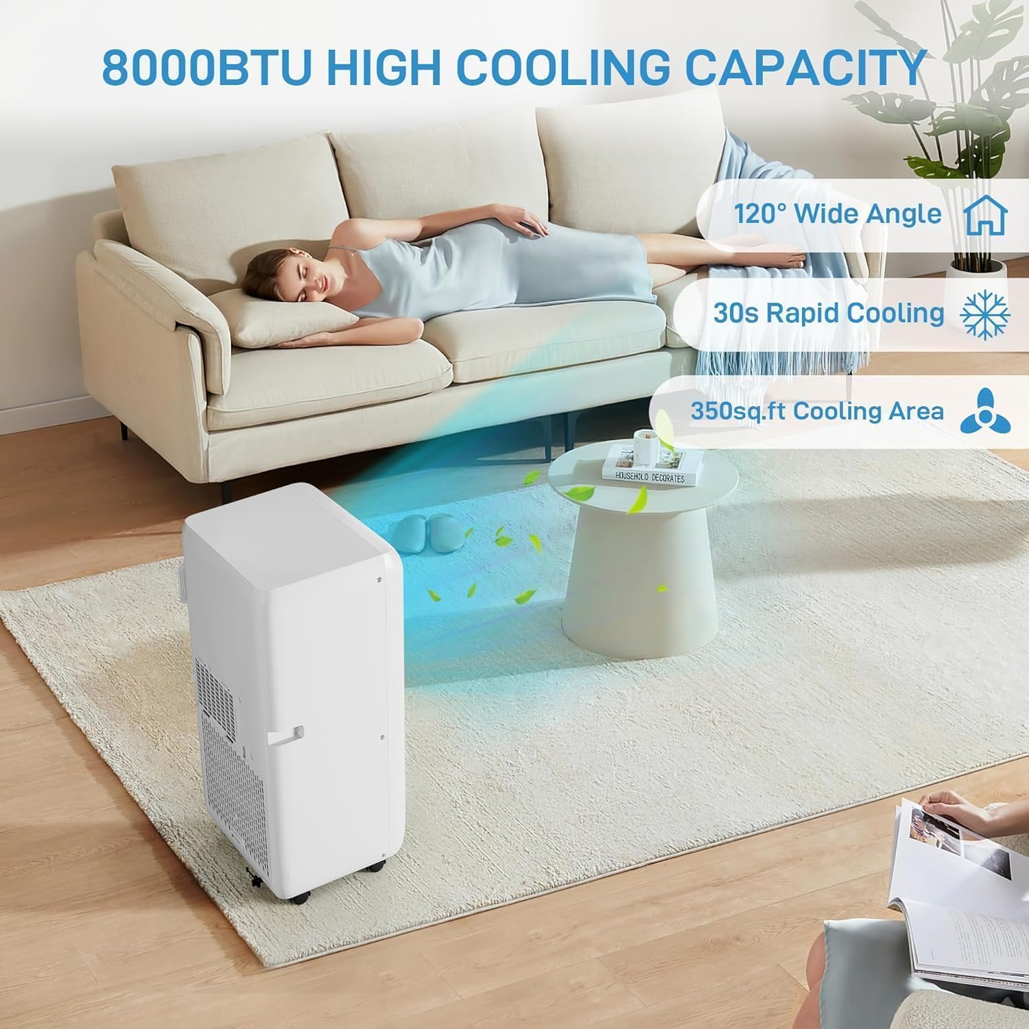 8,000 BTU Portable Air Conditioners, 3 Modes Quiet Air Conditioner with Cool, Fan, Dehumidify, Cools up to 350 sq.ft, Quiet AC Unit with Remote Control, 24 Hour Timer for Room, Dorm, Office