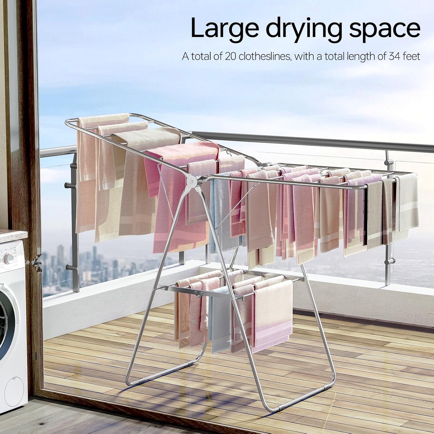 APEXCHASER Clothes Drying Rack Folding - Stainless Steel Drying Rack Clothing Height-Adjustable, Foldable Laundry Rack, Space-Saving, Collapsible for Indoor Outdoor Use for Clothe, Towels, Chrome