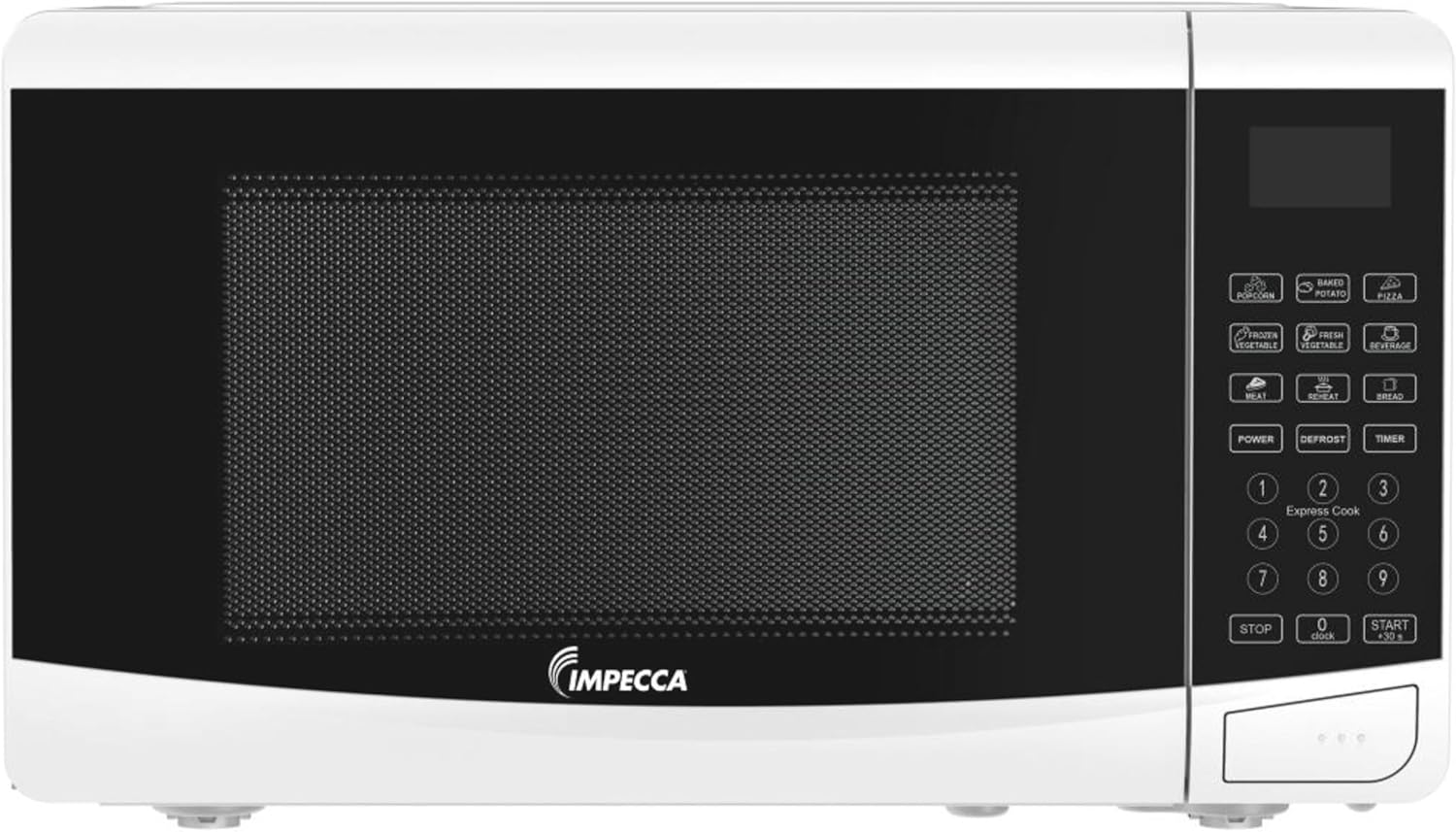 IMPECCA Countertop Microwave Oven 10 Auto Menus Defrost Timer LED 0.7 Cu. 700W 9.65” Turntable Child Lock Press to Open