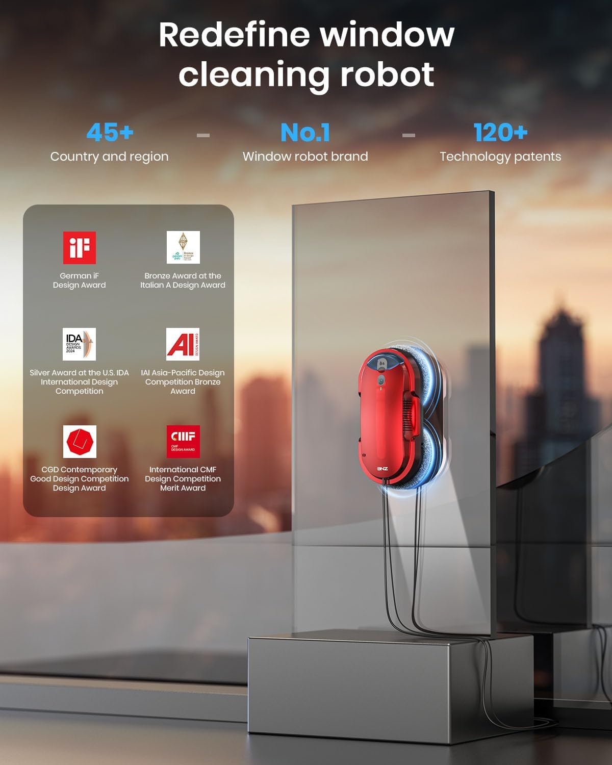 BNZ Smart Window Cleaning Robot, Twin Turbo & Dual Auto-Spray Window Cleaner with Multiple Safety System, AI Path Planning, Frameless Edge Detection, K1 (Ruby Red)