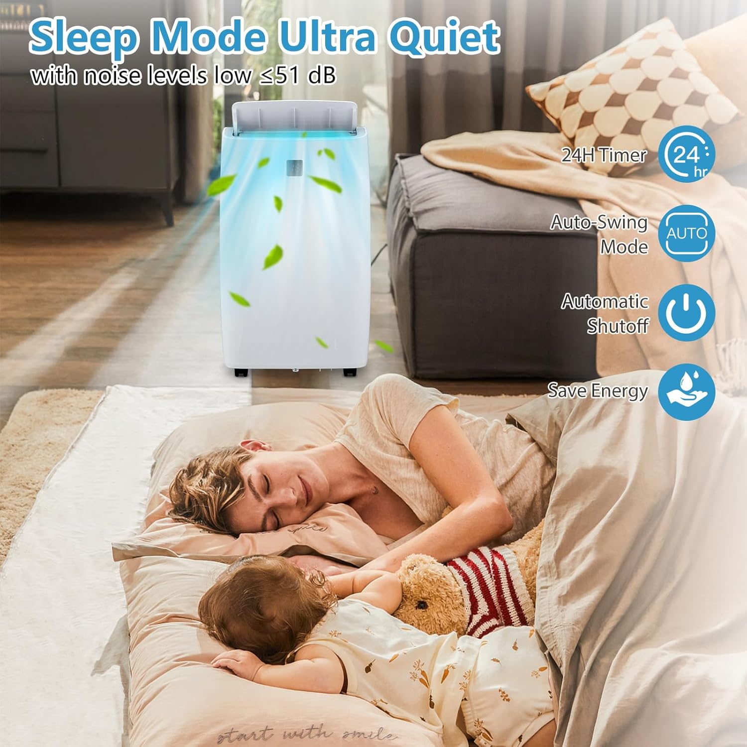 14000 BTU Portable Air Conditioner - 3-In-1 Cool/Fan/Dry, Low Noise, Cools Up to 750 Sq. Ft, Rolling Wheels, Remote Control, Perfect for Medium Rooms