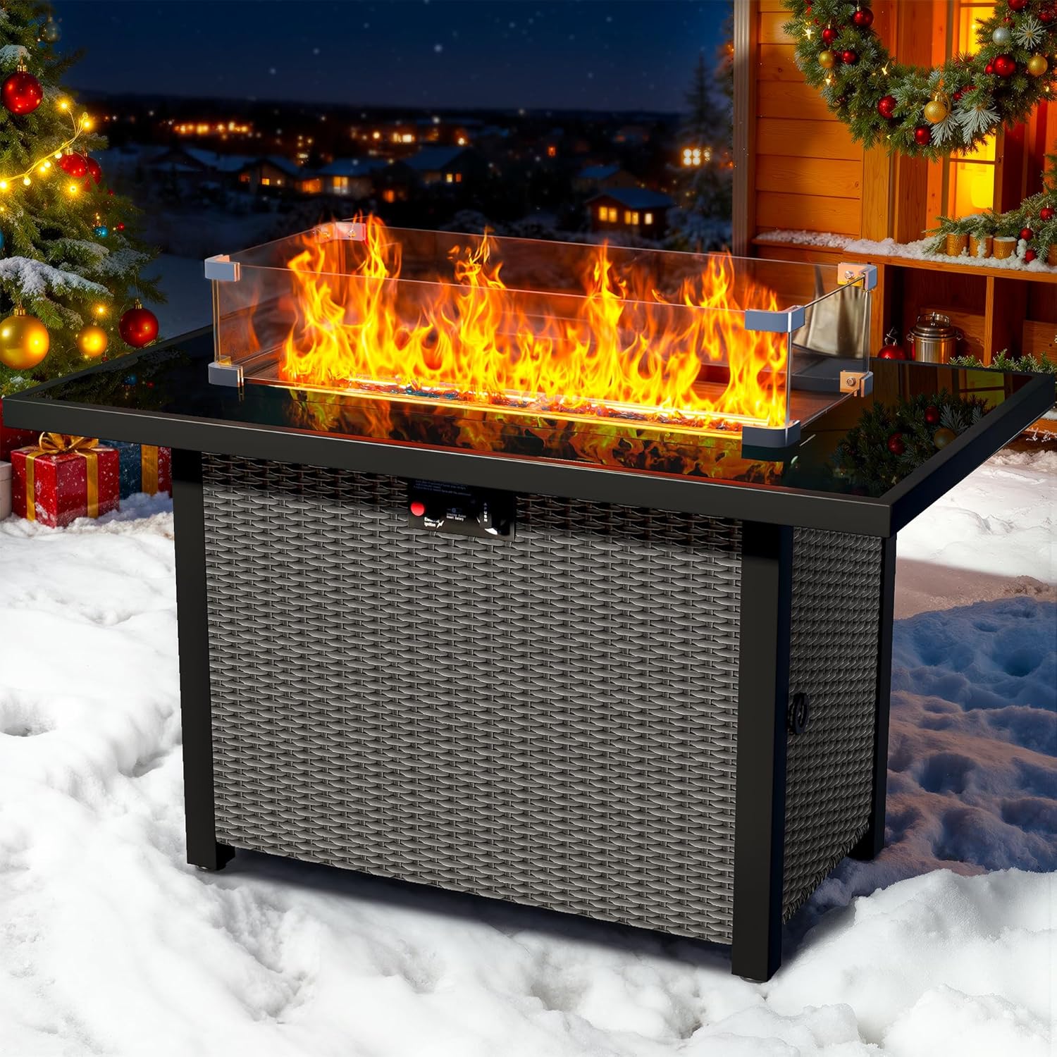 43-Inch Propane Fire Pit Table, Rattan Rectangular Outdoor Gas Fire Pit W/Glass Wind Guard, Tempered Glass Tabletop & Lid, CSA Listed, 60,000 BTU, 304 Stainless Steel H-Burner, for Outside Patio,Black