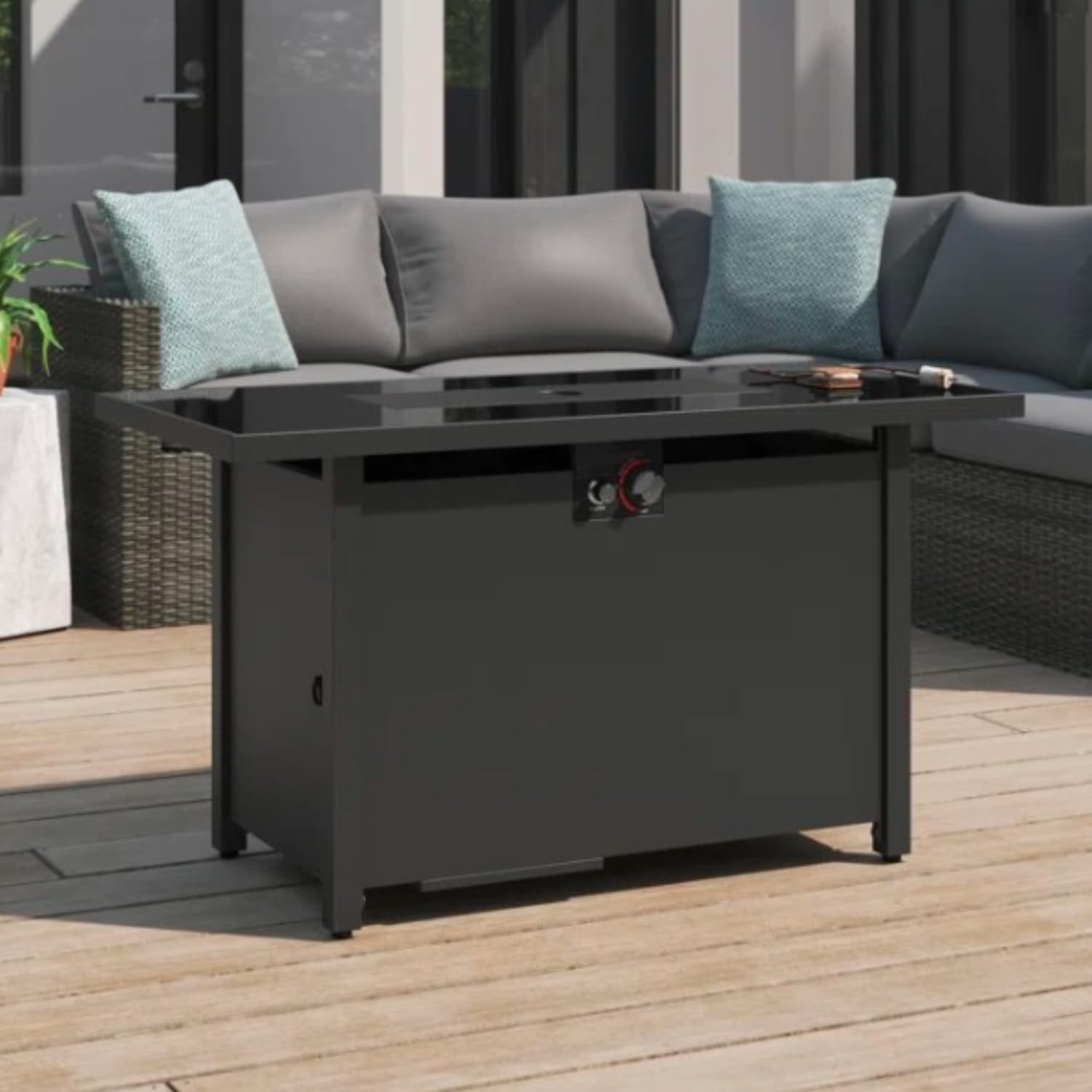 42-inch Steel Outdoor Propane Gas Fire Pit Table with Lid & Cover, 50,000 BTU, Stainless Steel Burner, Rust Resistant for Patio Deck Garden - Dark Gray