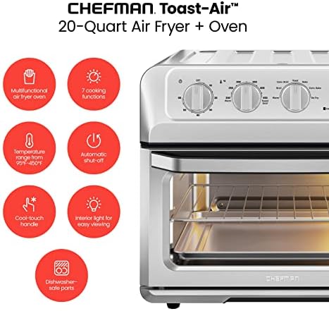 Chefman Air Fryer Toaster Oven Combo, 7-In-1 Convection Countertop 20 Qt fryer, Cook a 10 Inch Pizza, Fry 2 lb. of Chicken Wings, Toast, Broil, Auto Shutoff, Stainless