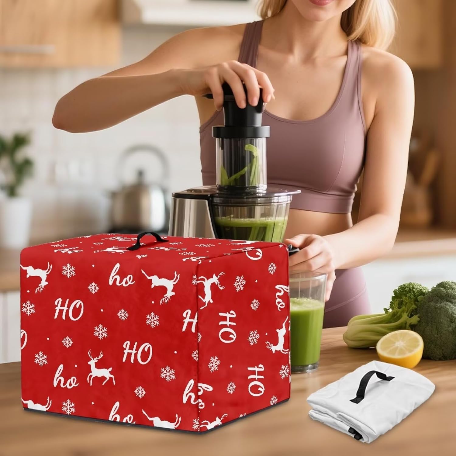 Christmas Elk Blender Cover with Floral Prints – Juicer Dust Cover for Kitchen, Fits Most Small Appliances, Easy to Store & Wash, Stylish Home Decor