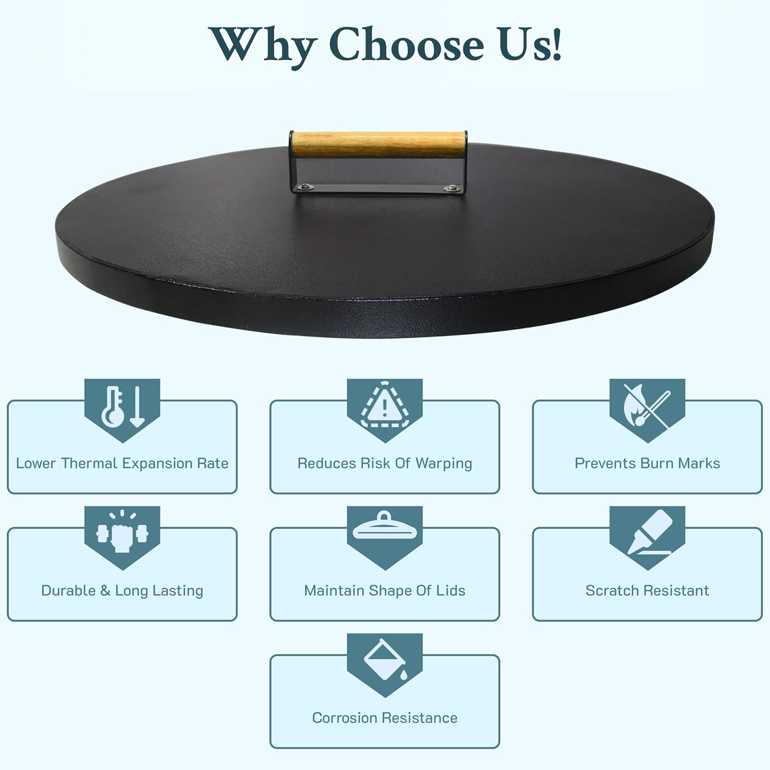 30” Round Fire Pit Lid – Powder Coated fire pit cover round metal for Outdoor Fireplace -16 Gauge Steel Flat Fire Pit Burner Pan Cover with Wooden Handle Snuffer Lid for Round Patio Fire Pit Ring