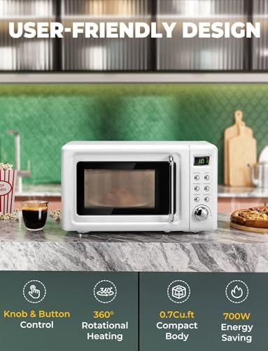Countertop Retro Microwave Oven, 0.7 Cu Ft Small Microwave with Defrost, 5 Micro Power, 8 Auto-Cooking Set & Child Lock, Compact Microwave w/10 Inch Turntable, 60-min Timer, LED Display, 700W