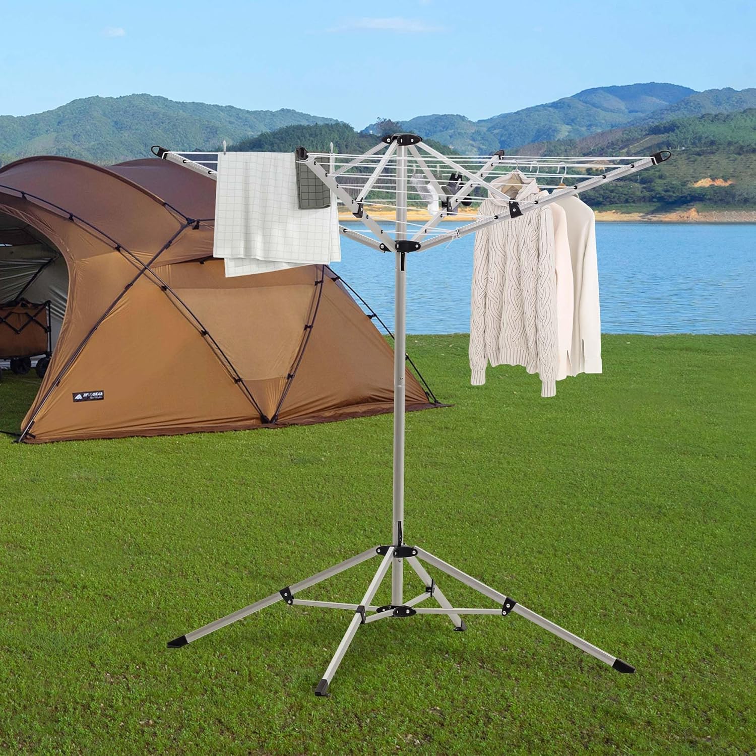 JS HANGER Indoor and Outdoor Portable Clothes Drying Rack with 4 Rotatable Arms for Hangers, 4 Legs, Collapsible Umbrella Laundry Air Dryer with 65 ft. of Hanging Space - Silver