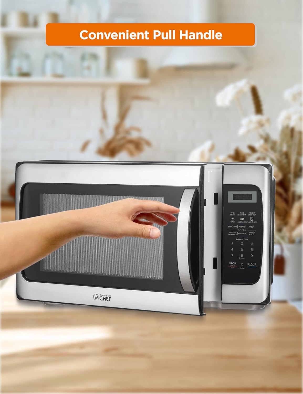 COMMERCIAL CHEF 1.1 Cu Ft Microwave with 10 Power Levels, Microwave 1000W with Push Button Door Lock, Countertop Microwave with Microwave Turntable and Digital Controls, Stainless Steel