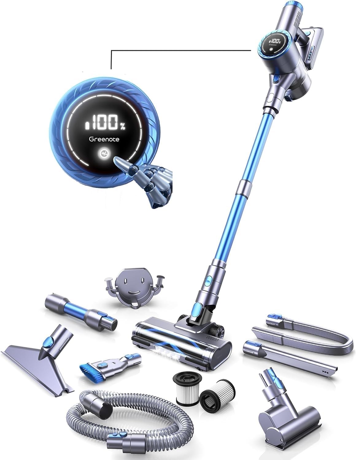 Greenote GSC60 Cordless Vacuum Cleaner 33KPA, 10-in-1 Multi-Accessory Vacuum Cleaner, Up to 40 Minutes Runtime, Control Display, with Bed Brush, Flexible Extension Hose, Large Dust Container