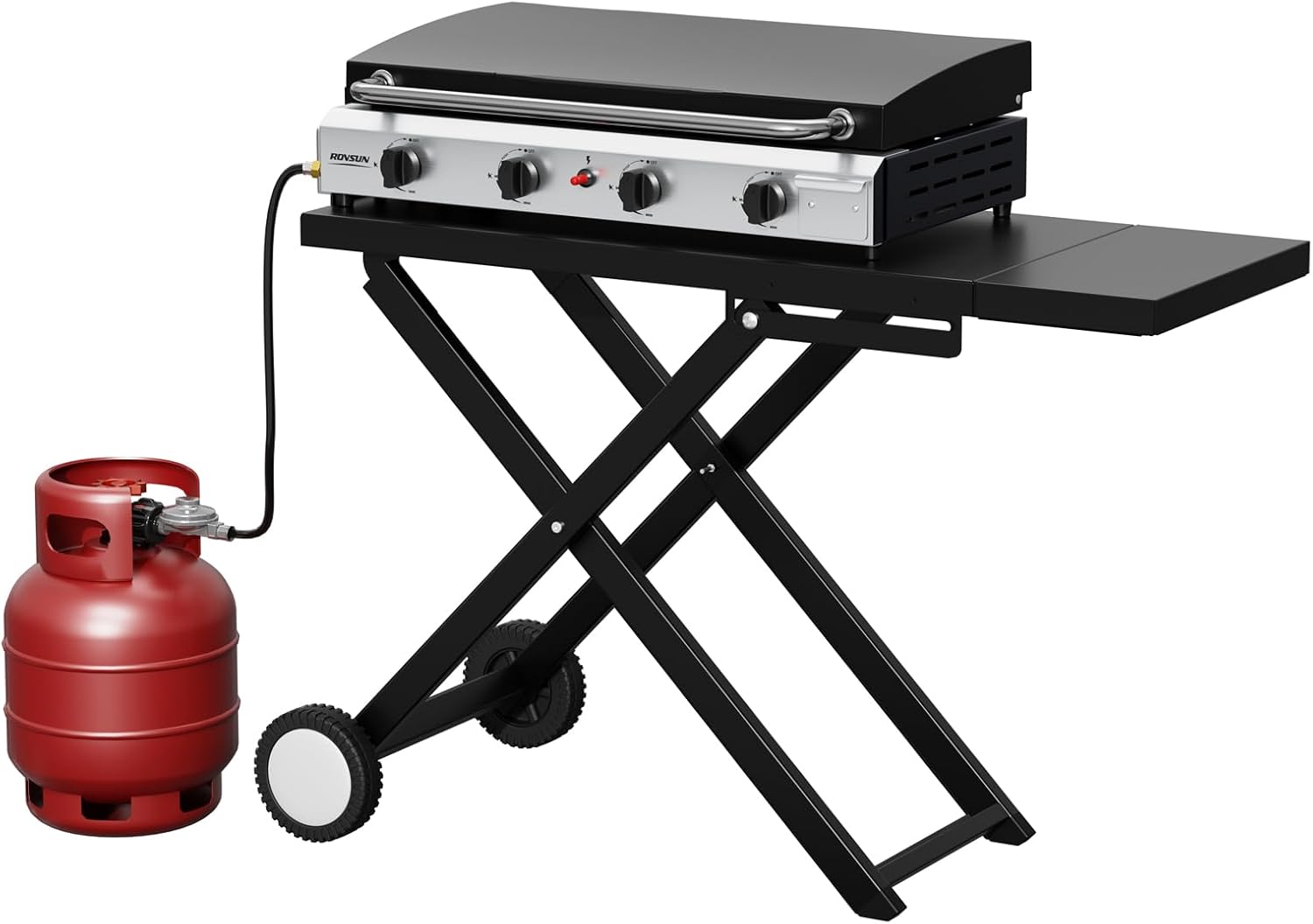 ROVSUN 40000 BTU Foldable Flat Top Gas Grill with Cart, Enameled Tray & Lid, 4 Burner Portable Rolling Propane Griddle with Electronic Ignition & Regulator for Outdoor Cooking Camping BBQ Tailgating