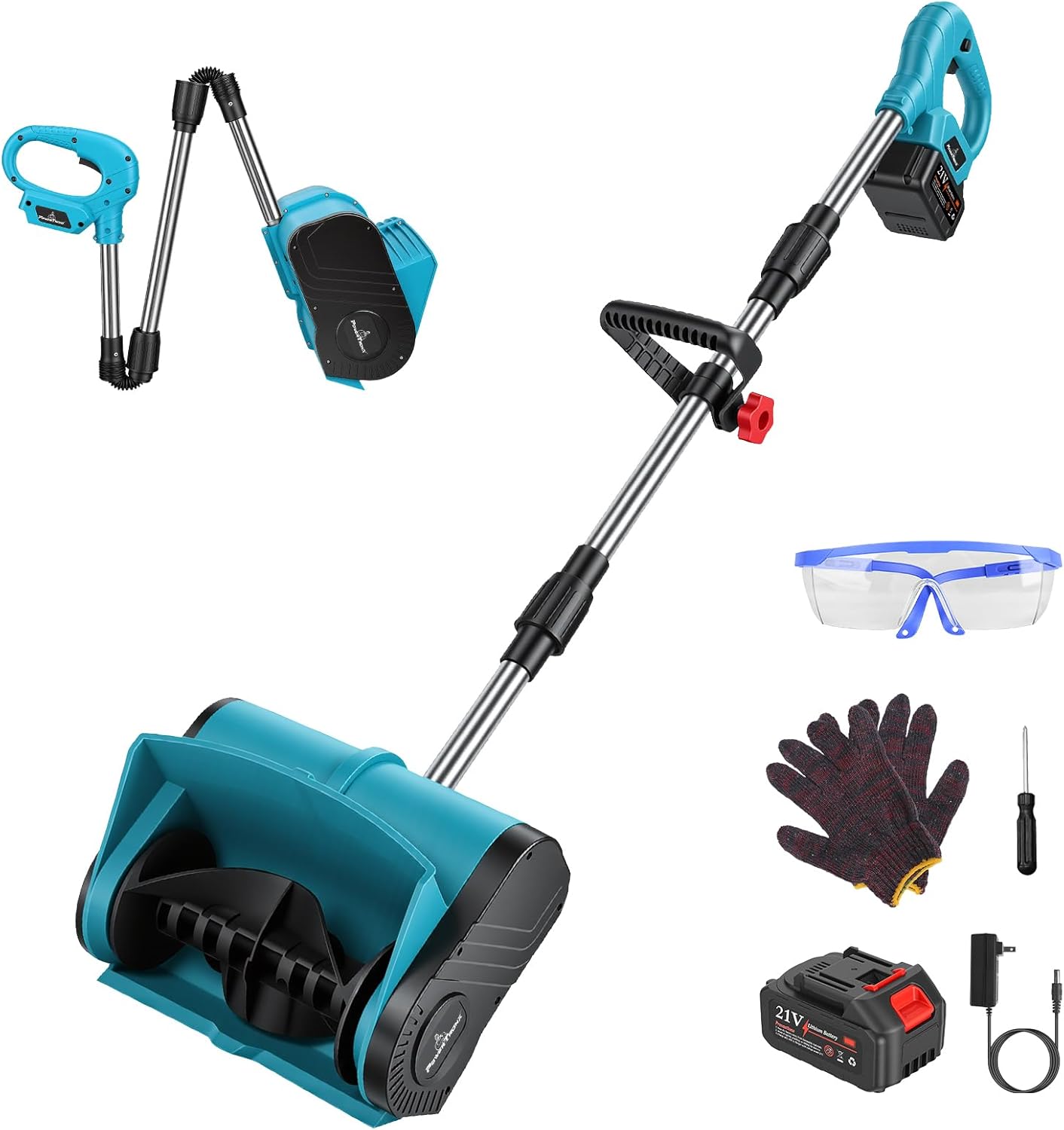21V 11In Cordless Snow Shovel, 800W Foldable Battery Powered Snow Blower Thrower with Rechargeable Battery Gloves Goggles for Driveway Patio