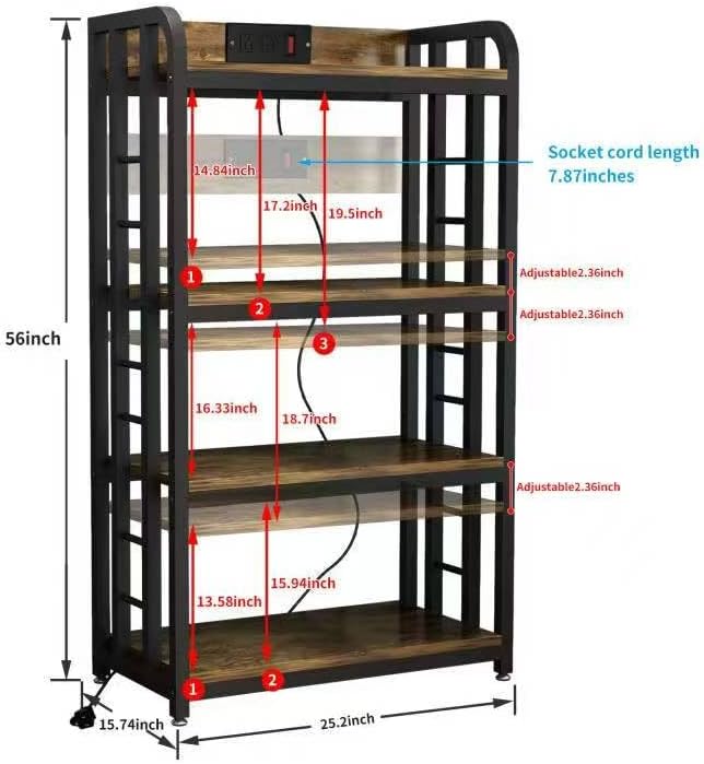 Bakers Rack with Power Outlet ，4-Tier Kitchen Baker's Rack,Microwave Stand with Storage Suitable for Kitchen, Living Room, Dinning Room，Coffee Bar(Rustic Brown)
