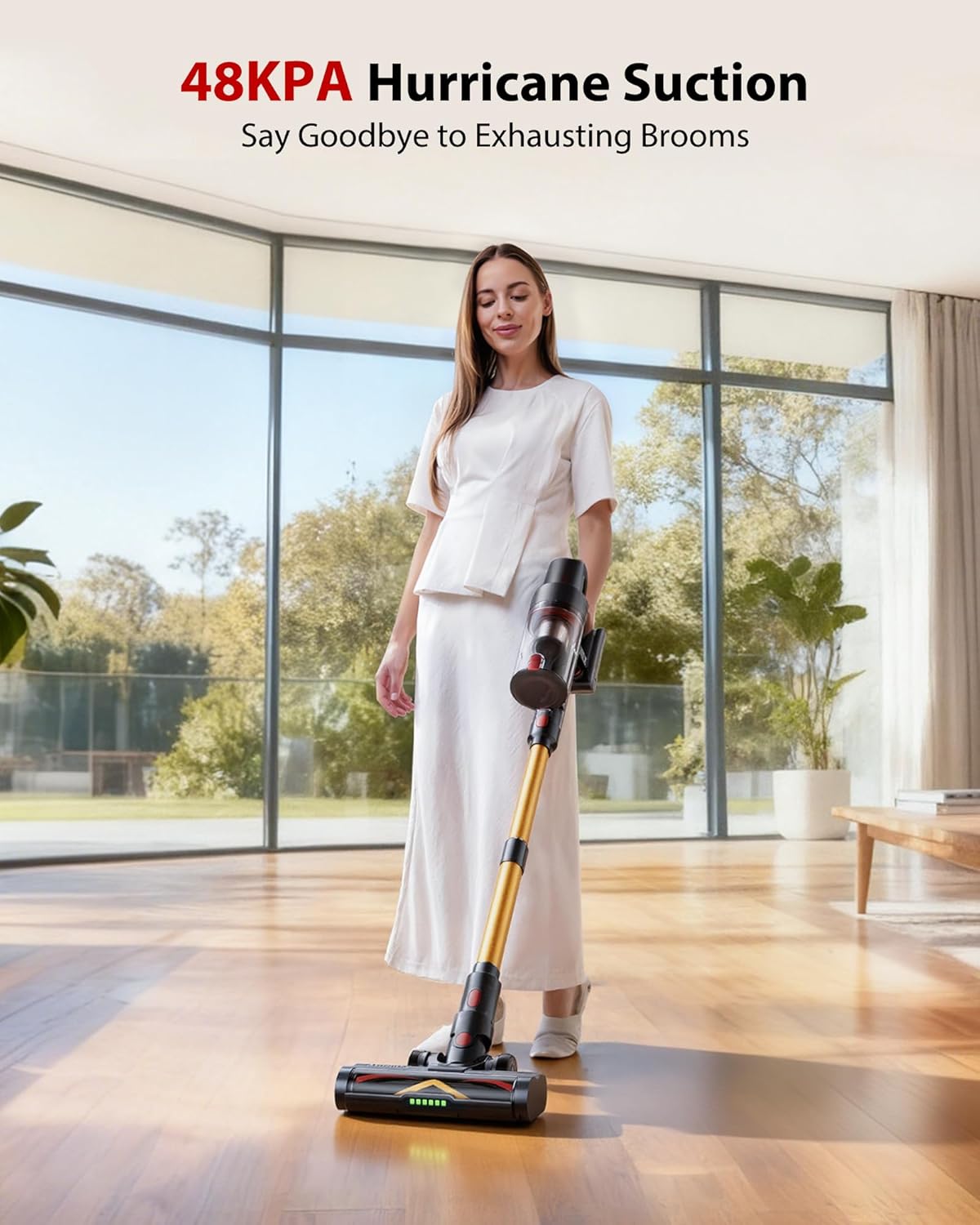 Cordless Vacuum Cleaner, 75Mins/48KPa/600W Self-Standing Stick Vacuum Cleaners for Home, Rechargeable, Lightweight, Anti-Static&Anti-Tangle Brush, for Hard Floor, Carpet, Hardwoods, Pet Hair