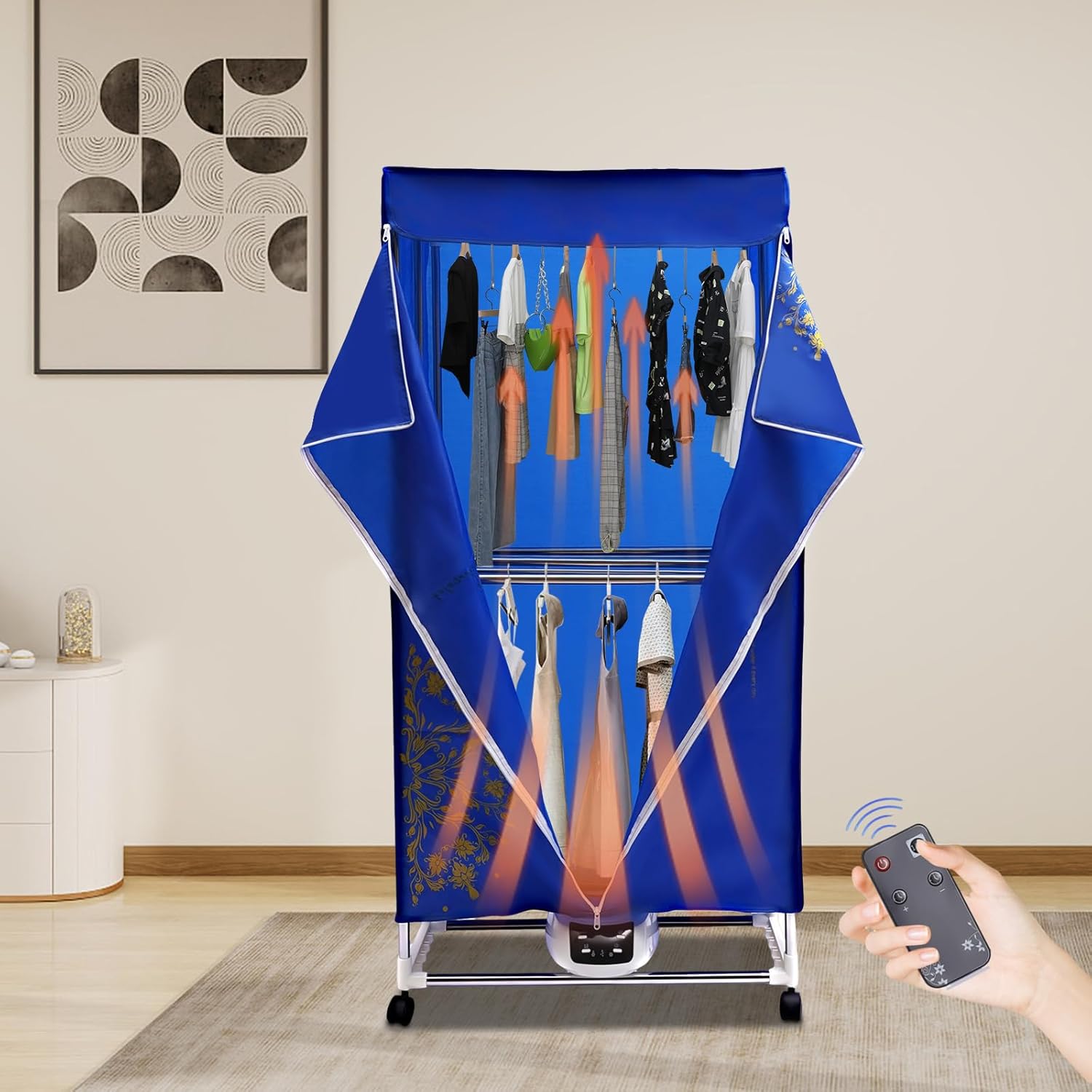 Portable Clothes Dryer 110V Electric Fast Clothes Dryer Machine Foldable Clothes Drying Dry Machine with Controller Control and Wheels Portable Washer Dryer with Timing Function for Apartments, Blue