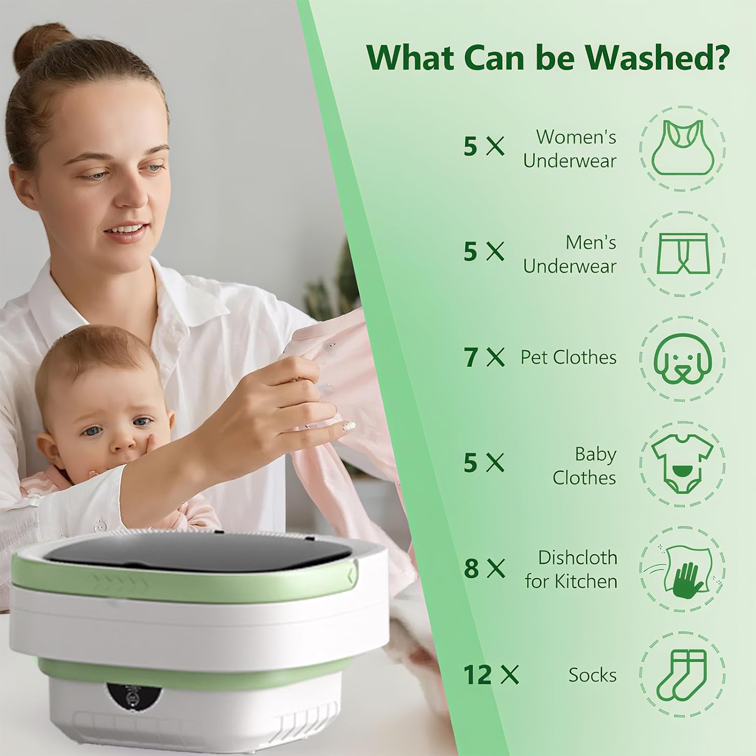 Portable Washing Machine, 16L Collapsible Mini Washer with UV-C Light & Spin Basket, 3 Cleaning Modes Small Foldable Laundry Machine for Clothes Underwear Socks Delicates Travel Camping Dorms (Green)