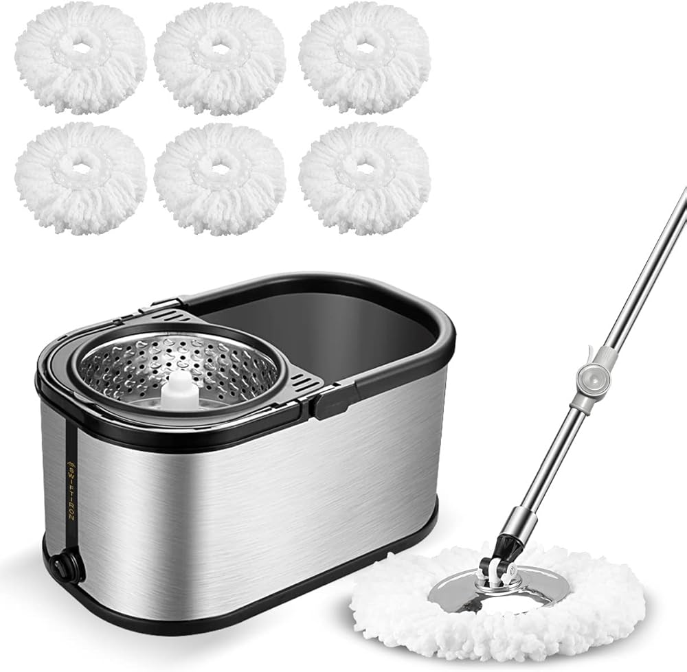 Spin Mop Bucket System Stainless Steel Bucket and Mop Set with 6 Microfiber Replacement Head Refills, Floor Mop with 4 Wheel