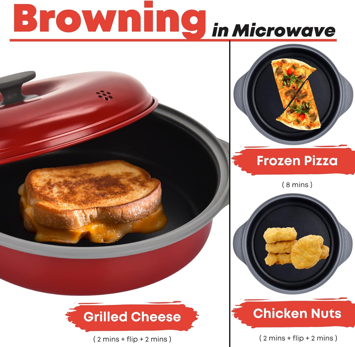 MACONEE 2-in-1 Microwave Cookware: Frying Pan Skillet with Grill & Crisper Pan and Bacon Crisping Tray - For Frying, Grilling, and Crisping Foods