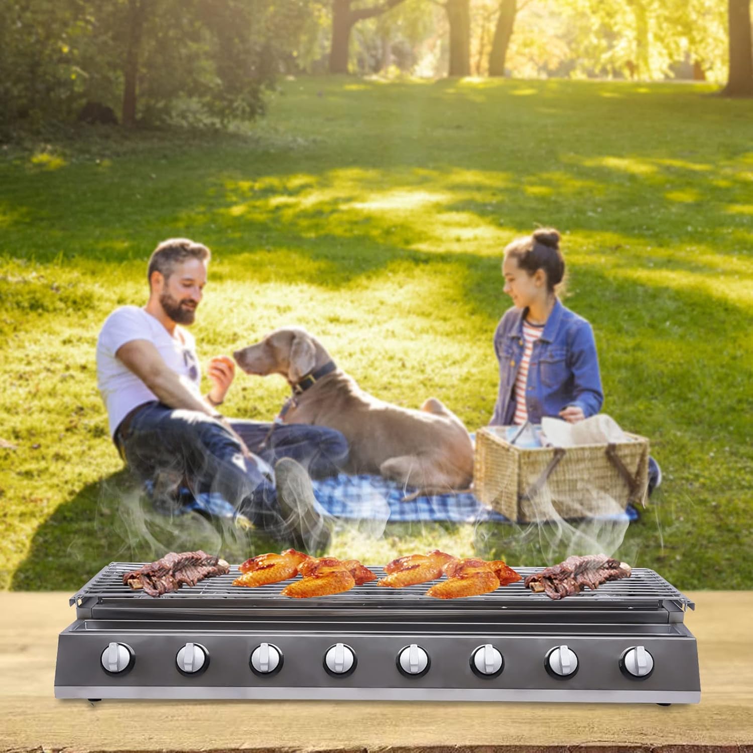 8-Burner Commercial Gas BBQ Grill, Portable Stainless Steel Propane Gas Grill Adjustable Height Tabletop LPG Grill Table Top Barbecue Stove Kebab Roasting Machine For Outdoor Camping Smokeless