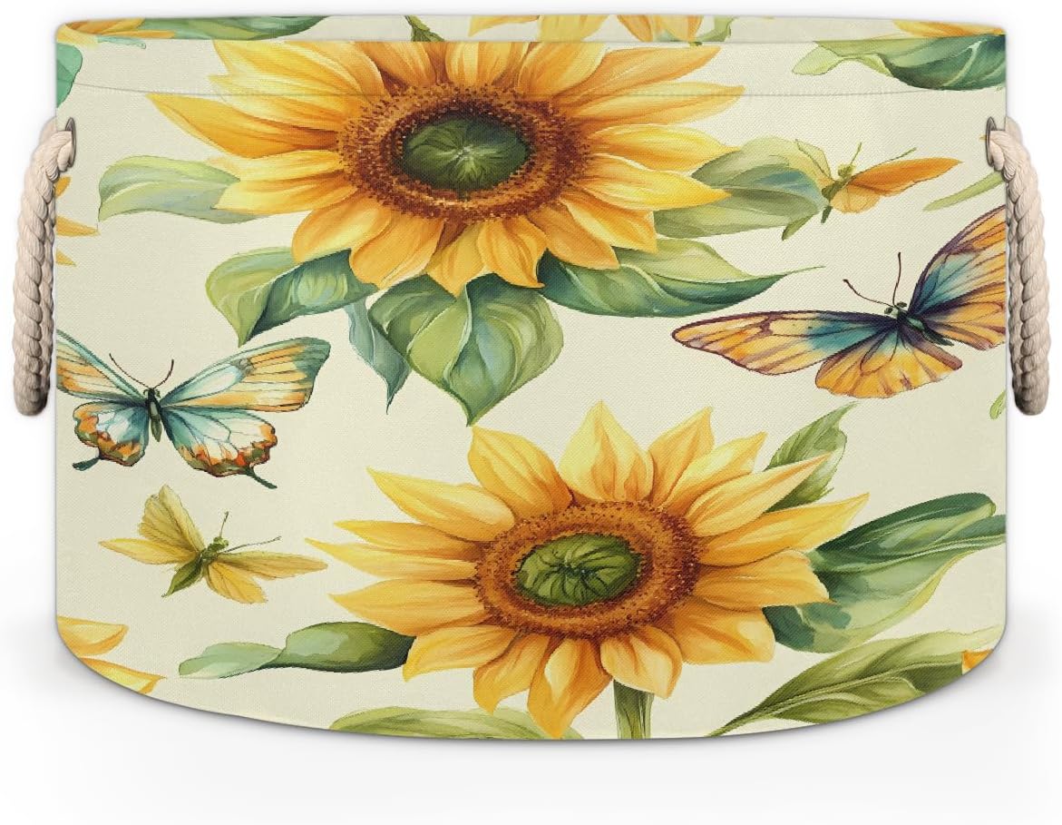 Vintage Sunflowers Butterflies Round Storage Basket Laundry Hamper Collapsible Laundry Basket with Handles Large Canvas Storage Bin for Clothes Toys Nursery Bedroom Closet Organizer