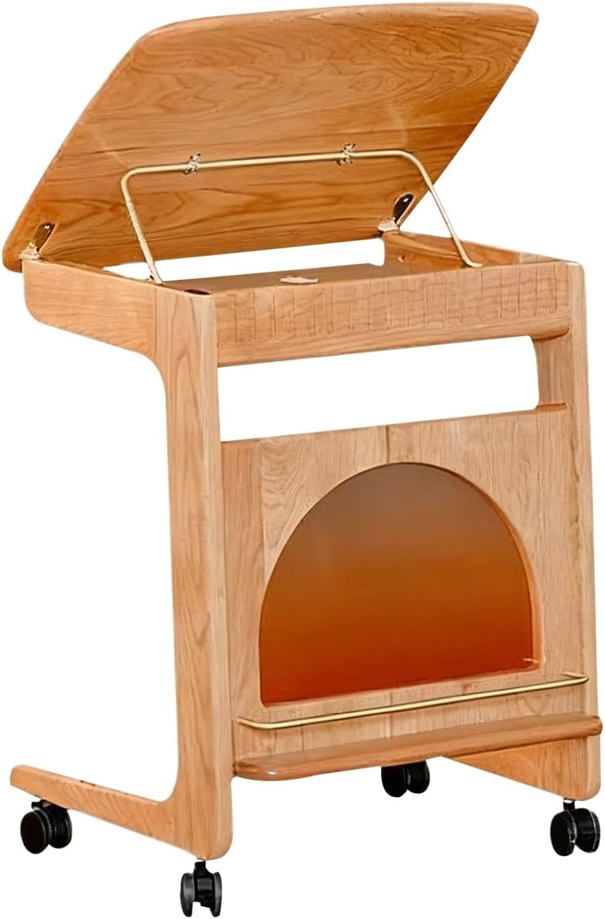 Robot Vacuum Storage Rack with Acrylic Doors，C-Shaped Wood Side Table，Stylish Minimalism & Beautiful，Robot Vacuum Storage Cabinet with Wheels，for Living Room Office Bedroom(Natural)